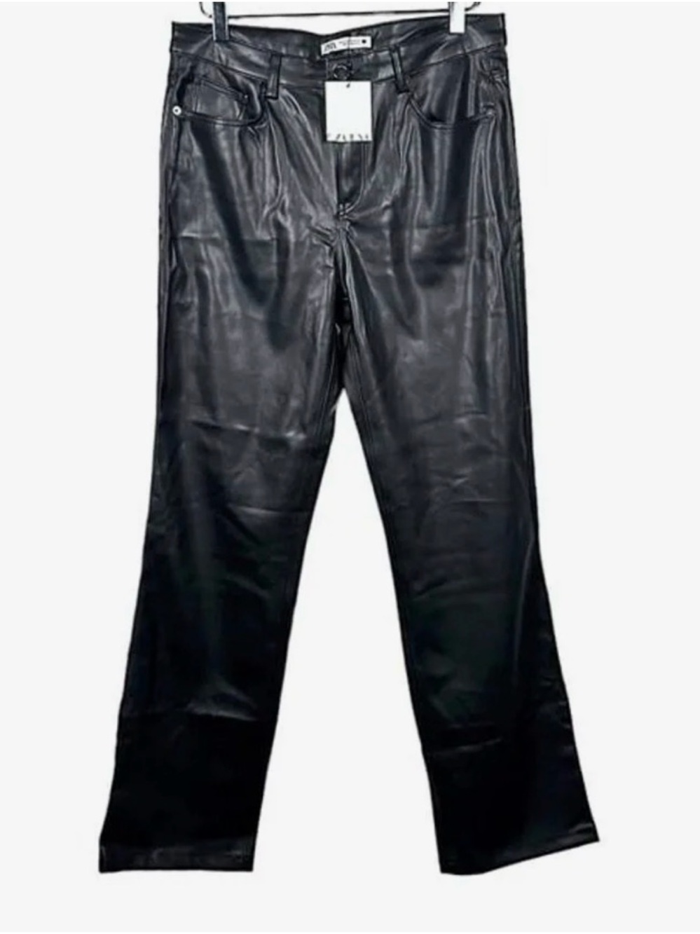 Zara Black Faux Leather Front Seam Straight Leg Pants Trousers - Size M